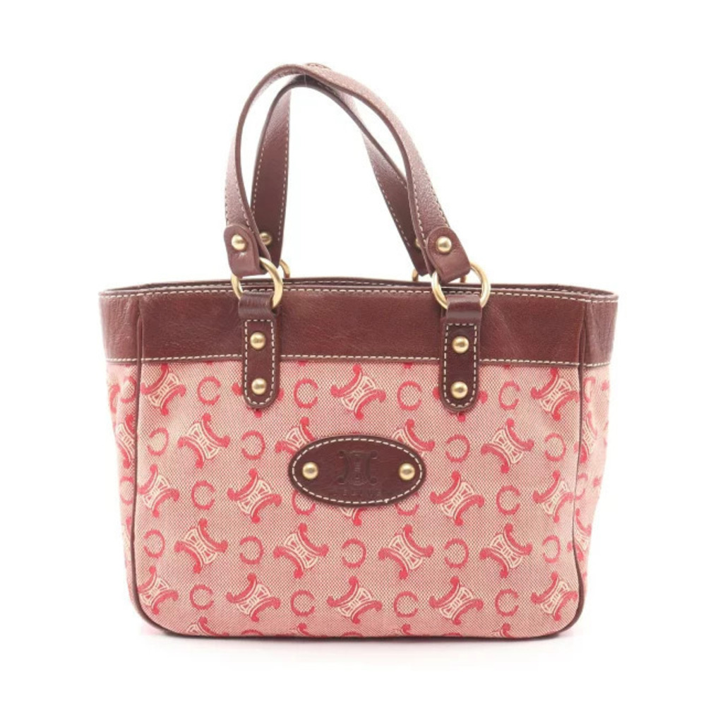 Celine C Macadam Handbag Canvas Leather Red Brown